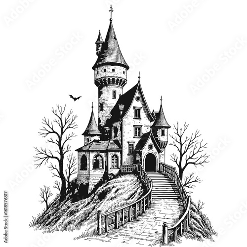 Haunted castle sketch in vintage style with black capillary pen  