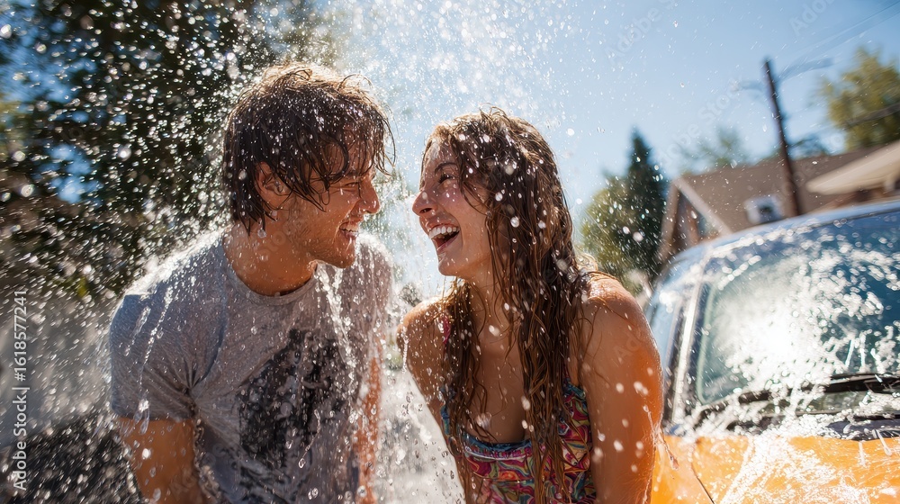 Obraz premium A couple is playing in the water with their car