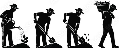 Silhouette illustration of a farmer or gardener performing various tasks such as planting, watering, digging, and harvesting vegetables