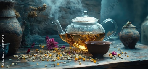 Herbal teapot still life display