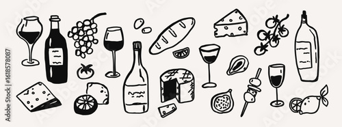 Whimsical wine party and food, cheese line art sketch set. Whimsy mediterranean dinner table settings summer hand drawn doodle elements. Wedding coquette outline vector illustration