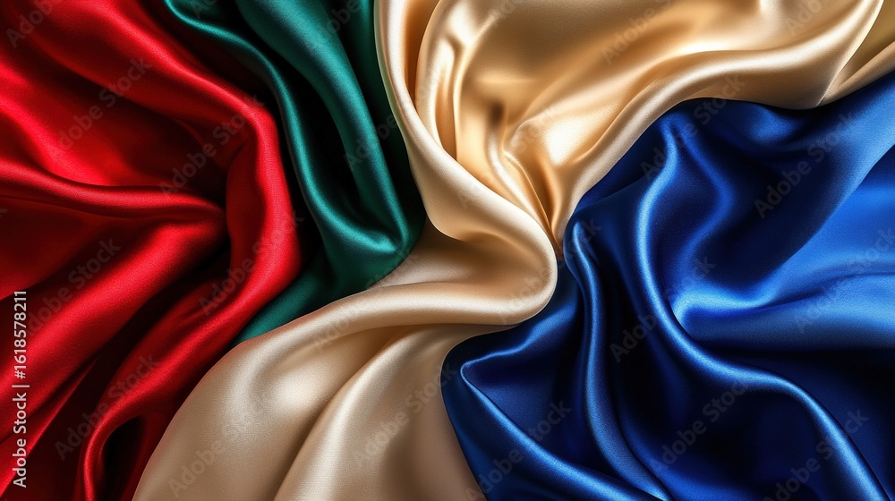Obraz premium Luxurious Fabric Texture of Red, Green, Gold and Blue Silks Flowing Together in an Artistic Arrangement Ideal for Elegant Design and Textile Projects