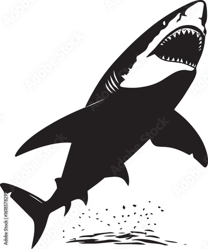 Shark Feeding Body with mouth open while hovering near prey, teeth visible in silhouette. full length silhouette black vector illustration