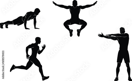 Silhouette of a man doing various exercises, including pushups, jumping jacks, running, and stretching, representing fitness, health, and an active lifestyle