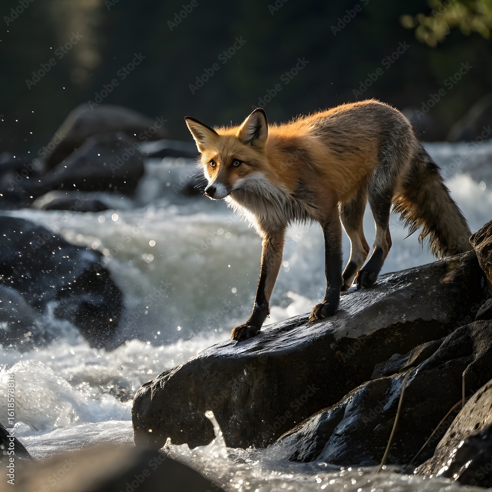 Obraz premium Beautiful red fox standing on a few stones over the water surface. Very focused on its prey. Pure natural wildlife photo. Ready to hunt.