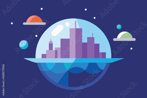  a futuristic city protected by a dome in space with planets and stars in the background vector illustration