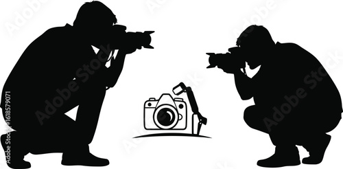 Silhouettes of two photographers kneeling with cameras, capturing images, , representing photography, art, and creative expression in a graphic illustration