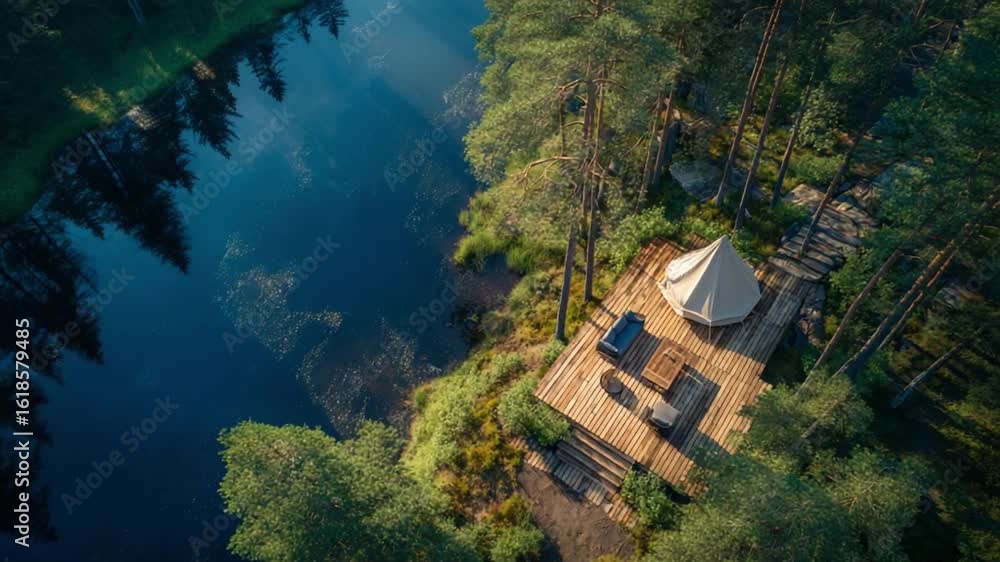 Glamping Adventure by the Lake: A secluded glamping tent offers a tranquil retreat on the edge of a serene lake, nestled amidst lush greenery, promising an escape into nature's embrace. Glamping Adventure by the Lake: A secluded glamping tent offers a tranquil retreat on the edge of a serene lake, nestled amidst lush greenery, promising an escape into nature's embrace.