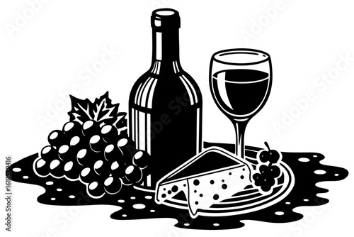 Elegant Still Life Illustration of Wine, Cheese, and Grapes, Perfect for Beverage and Gourmet Food Marketing