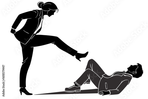 Conceptual silhouette illustration of a powerful businesswoman stepping on a defeated businessman, symbolizing corporate conflict, gender power dynamics, and professional rivalry.