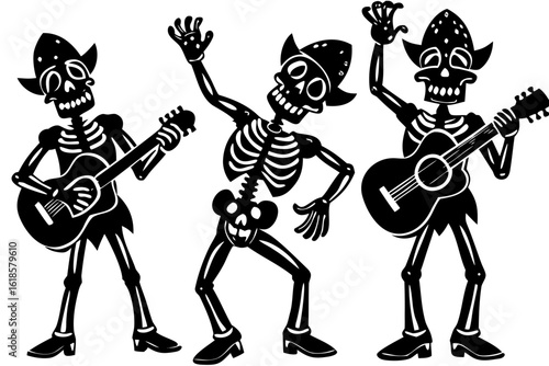 Trio of cheerful skeletons playing music and dancing. A whimsical black and white cartoon illustration of a bony band for festive designs.