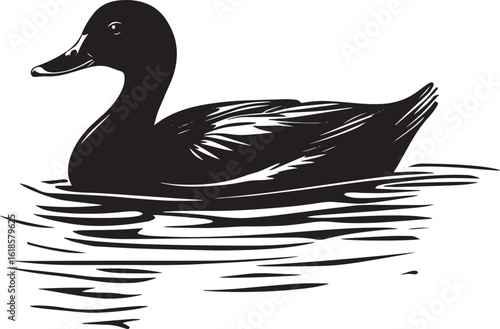 Duck Floating Gliding on water with body relaxed neck slightly curved. full length silhouette black vector illustration