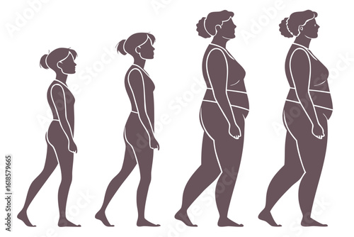 Vector illustration of a woman's progressive body transformation, showing weight gain from slender to obese. Highlights health changes and lifestyle impact.
