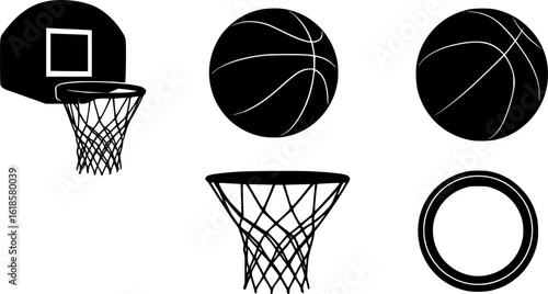 Basketball hoop, basketball and goal, net, ring icon silhouettes set	