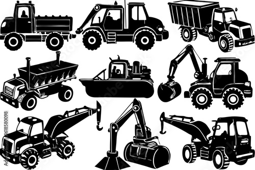 Set of black silhouettes of heavy construction machinery. Vector icons of excavators, dump trucks, and loaders for building and industrial design concepts.