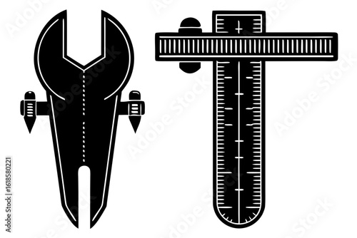 Vector icon set of industrial mechanical tools. A conceptual wrench stylized as a futuristic highway and a precision vernier caliper.