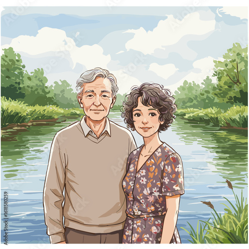 Elderly couple smiling together by the river in a green landscape  