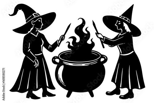 Two witches in silhouette performing a magical ritual over a bubbling cauldron. A fantasy coven casting a spell for Halloween.