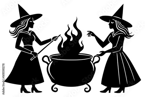 Mysterious pagan ritual with two enchantresses casting a magic spell into a flaming cauldron. Black and white witchcraft silhouette.