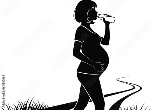 Silhouette of a pregnant woman drinking water while walking a path, representing healthy lifestyle and maternal care during pregnancy