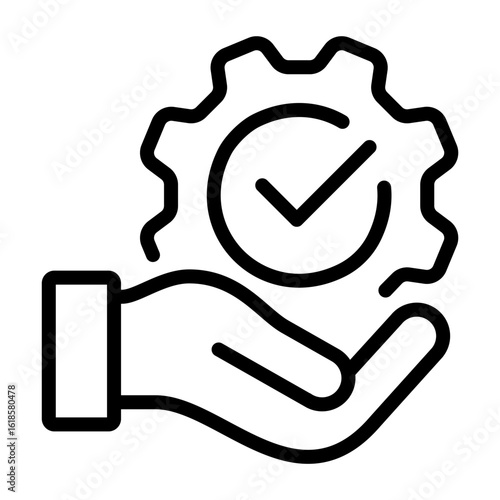 Hand holding a gear icon. Insurance verified cogwheel, Approved or certified symbol. Operation, process, maintenance customize, engineering. Vector illustration