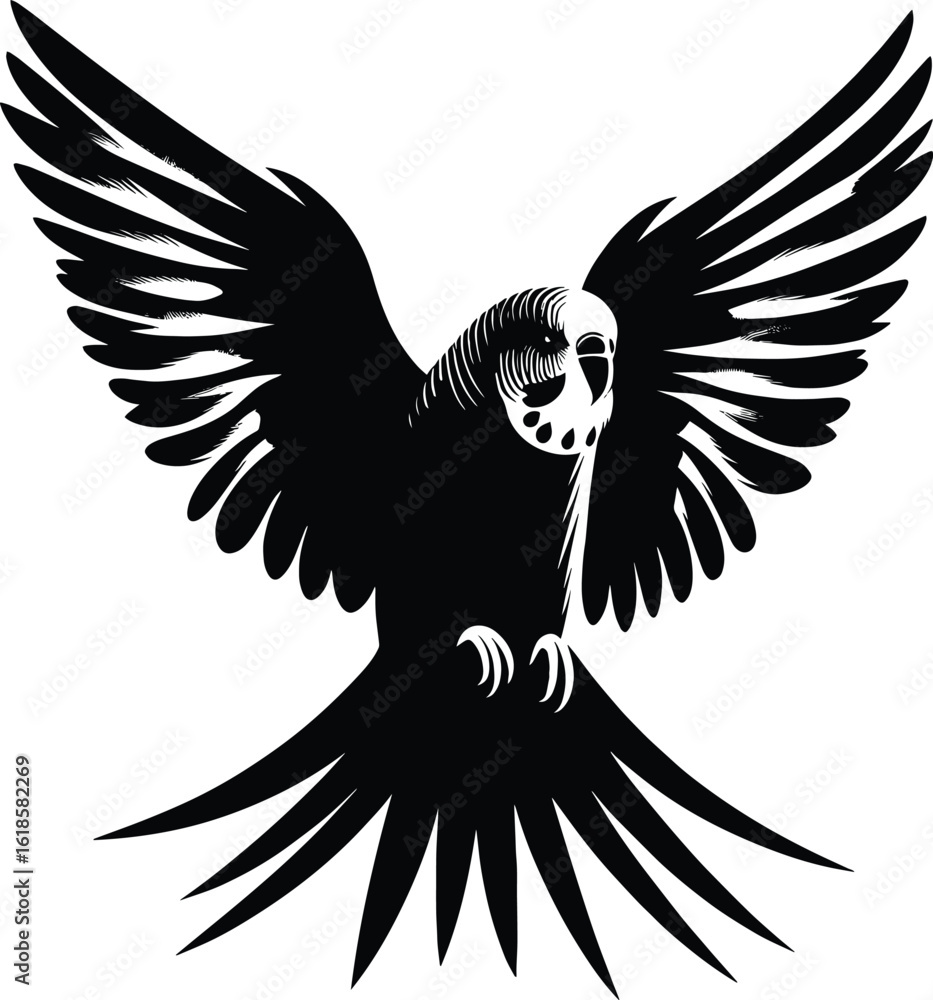 Fototapeta premium Flying Budgerigar silhouette vector illustration isolated on a white background