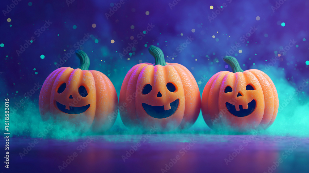 Fototapeta premium ハロウィン｜3つ並んだかぼちゃのジャックオーランタン・ふんわり光るスモーク演出