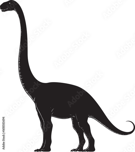 Diplodocus - A long-necked quadruped with an extremely long tail, slender body, and small head. full length silhouette black vector illustration