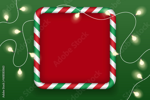 Square banner with christmas light for sale, advertising, promotion. Blank Christmas border, candy cane frame. Christmas ornament decoration. Vector EPS10