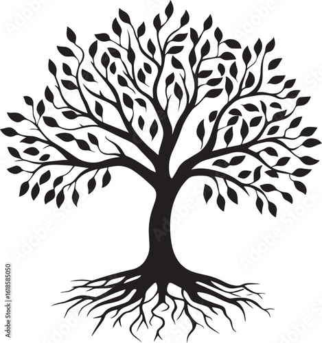 Tree with Roots Emblem A sleek black logo design featuring a tree grounded in its roots, representing growth and resilience.