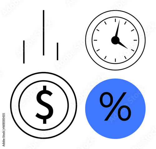 Coin with dollar sign, percentage symbol, clock, and bar graph symbolizing financial planning, growth, investment, time management, savings, banking and profitability in a simple flat metaphor