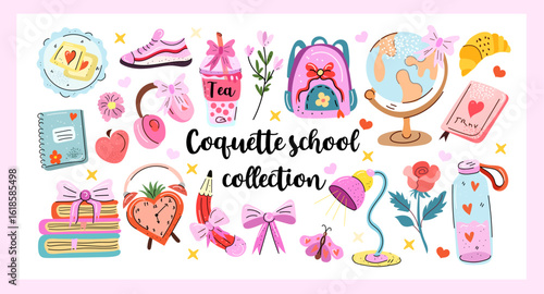 Trendy coquette school vector set in dopamine pastel palette girly stationery, bows, books, snacks, and dreamy back-to-school vibes for planners, stickers, and prints.
