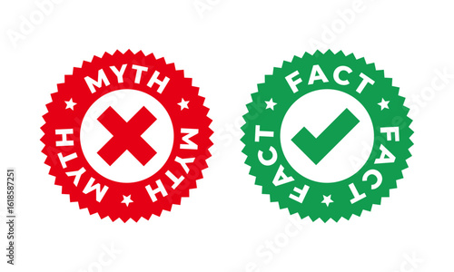 The myth or fact icon is a circle with a check mark and a cross. For logo, label, seal, tag, sign, symbol, badge, stamp, sticker, emblem, badges, labels, poster. Isolated on white. Vector Illustration