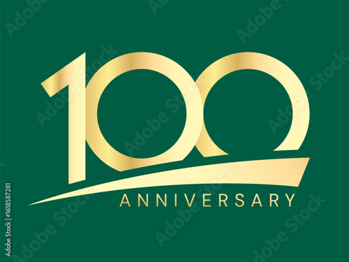 100th Anniversary luxury gold celebration with overlapping curves shape under numbers logo typography vector design concept. One Hundred years anniversary gold number for business, card, greeting.