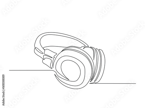 Music headphone in single outline illustration. Continuous line art drawing of earphones music equipment.