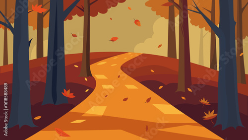 Witness the quiet stillness of a forest path covered in fall leaves creating a peaceful autumn scene