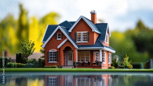 Wallpaper Mural A miniature model of a red brick house with a green roof and white trim, situated on a grassy lawn with a pond in the foreground. Torontodigital.ca