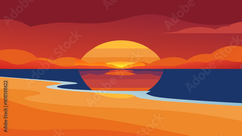 Witness the reflection of a spectacular sunset on wet sand creating a breathtaking beach scene