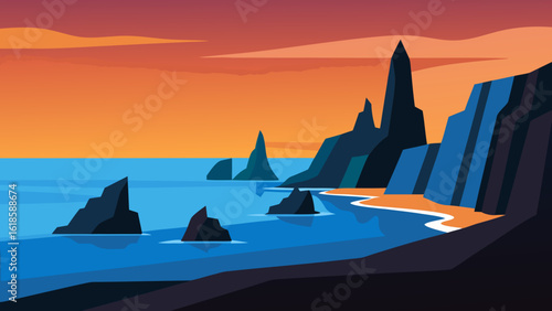 Discover the serene beauty of a coastline with dramatic black rock formations a powerful seascape