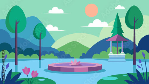 Admire the serene beauty of a garden with a peaceful silent fountain creating a tranquil atmosphere