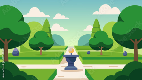 Witness the serene beauty of a garden with perfectly pruned shrubs and trees a manicured landscape