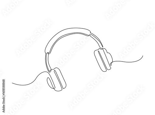 Music headphone in single outline illustration. Continuous line art drawing of earphones music equipment.