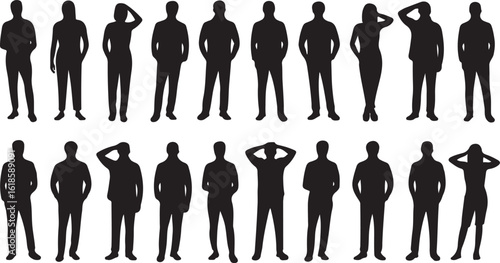 Silhouettes vector of people man group of standing. shadow set collection