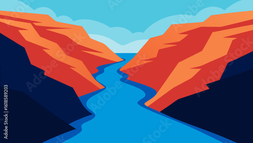 Witness the serene scene of a river flowing through a deep canyon creating a majestic landscape