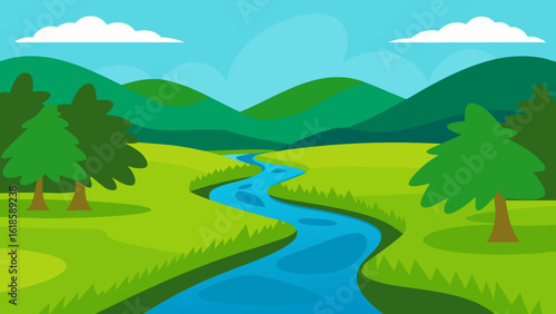 Admire the serene scene of a river flowing through a lush green forest creating a tranquil view