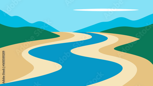 Admire the serene scene of a river's gentle curve through a lush green valley a peaceful view