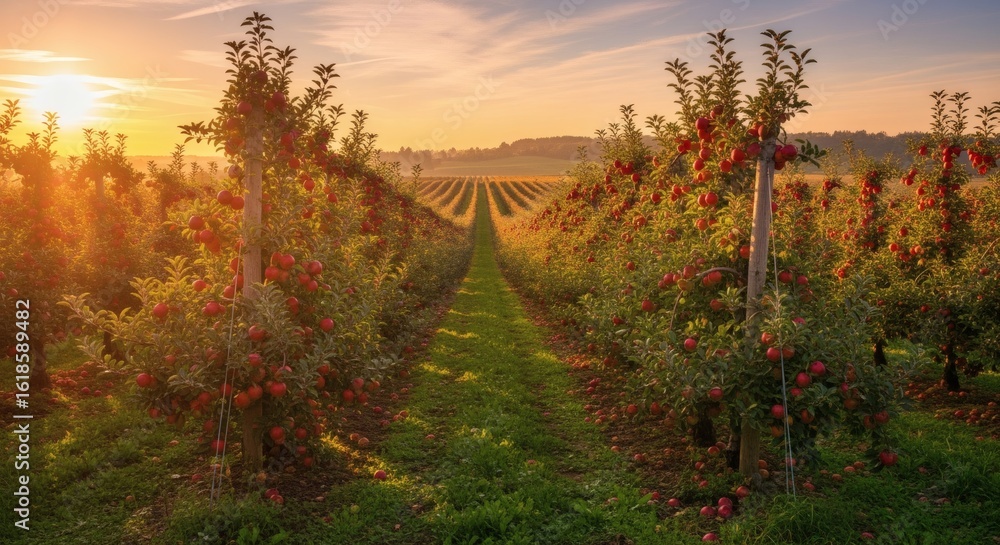 Fototapeta premium Rows of apple trees laden with red fruit stretch into the distance under a warm, golden sunset sky.
