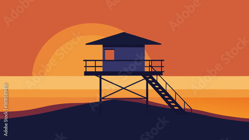 Admire the silhouette of a lifeguard tower on a sea beach against a vibrant sunset