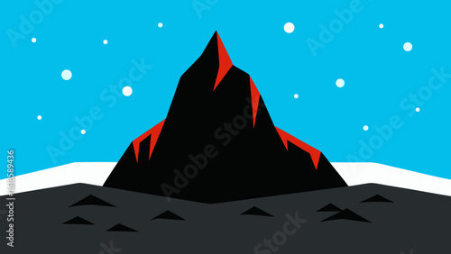 Discover the sharp contrast of black volcanic rock against bright white snow creating a dramatic scene