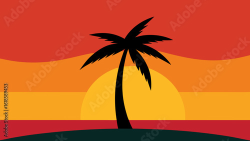 Observe the silhouette of a lone palm tree on a sea beach against a beautiful sunset